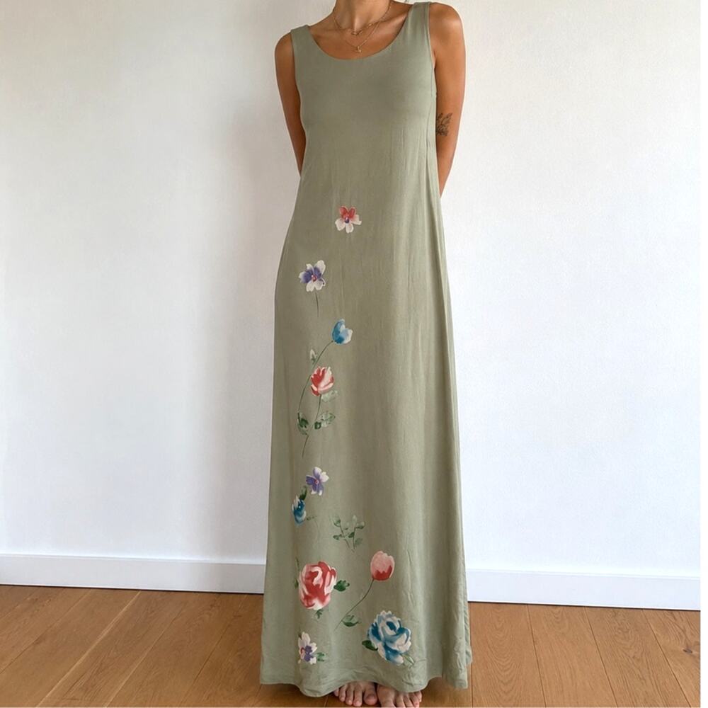 Laura Ashley Olive Green Sleeveless Maxi Dress with Floral Print